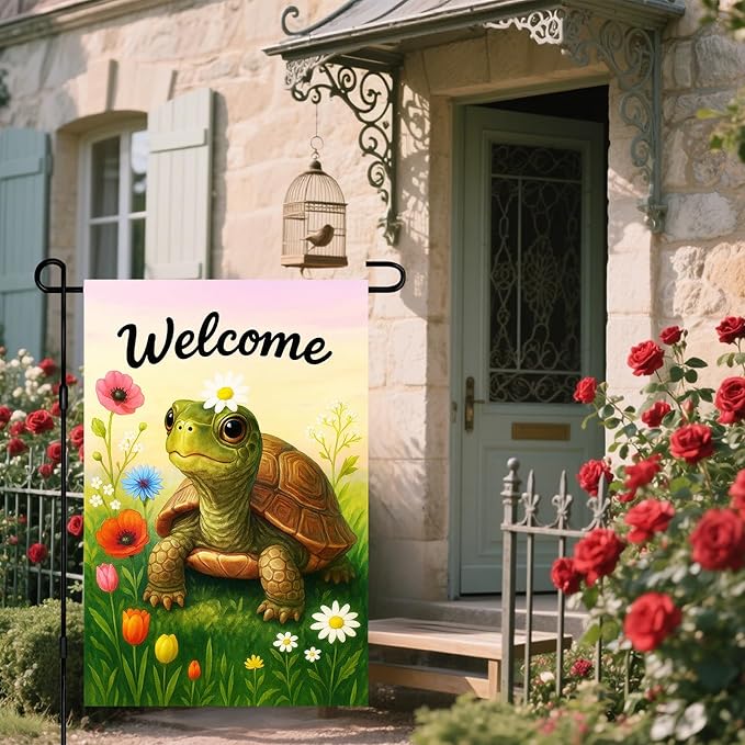 IVN Spring Garden Turtle Flag 12x18 Inch Double Sided Turtle and Wildflowers Summer Outdoor Yard Flag for Outside Front Door Lawn Porch Patio Welcome Decor