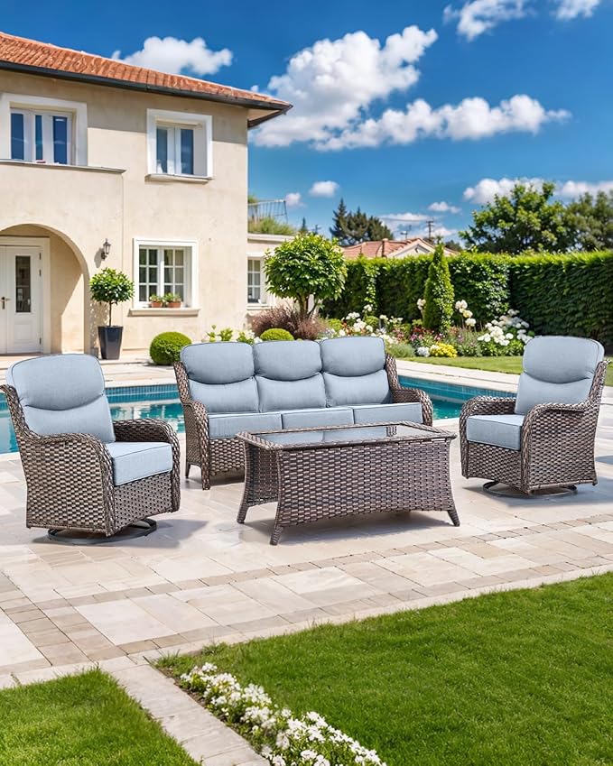 Luxury 22x24/22x25 6-Inch Smile Patio Cushions for Outdoor Furniture Set of 6 - Thick Back & Deep Seat Outside Chair Cushions for Rattan Glider Loveseat Sectional Sofa - Baby Blue