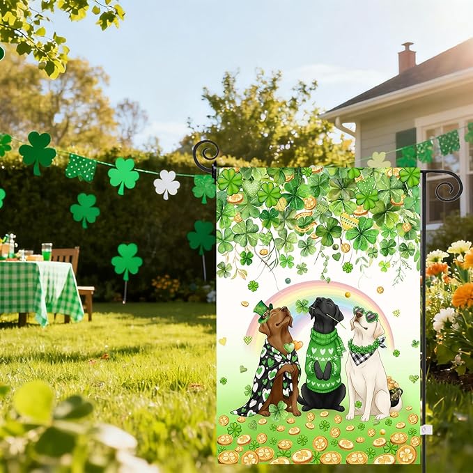St Patricks Day Dog Garden Flag 12x18 Double Sided Outside White Chocolate Black Lab Yard Signs Labrador Banner for Saint Patrick Spring Outdoor Decorative
