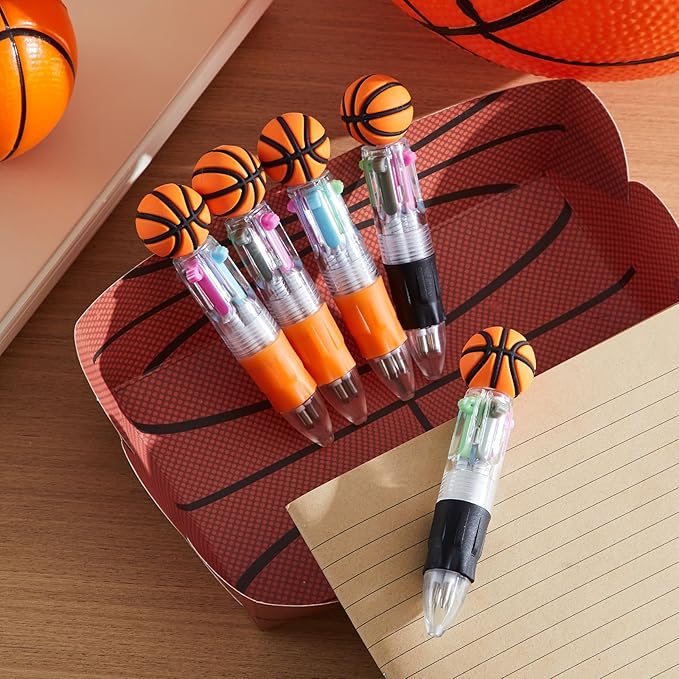 Kosiz 12 Pack Basketball Party Favors Sport Pen Multicolor 4 in 1 0.5mm Ballpoint Pen for Office Sport Lover Novelty Valentine's Day Gifts Goodie Bags Stuffers