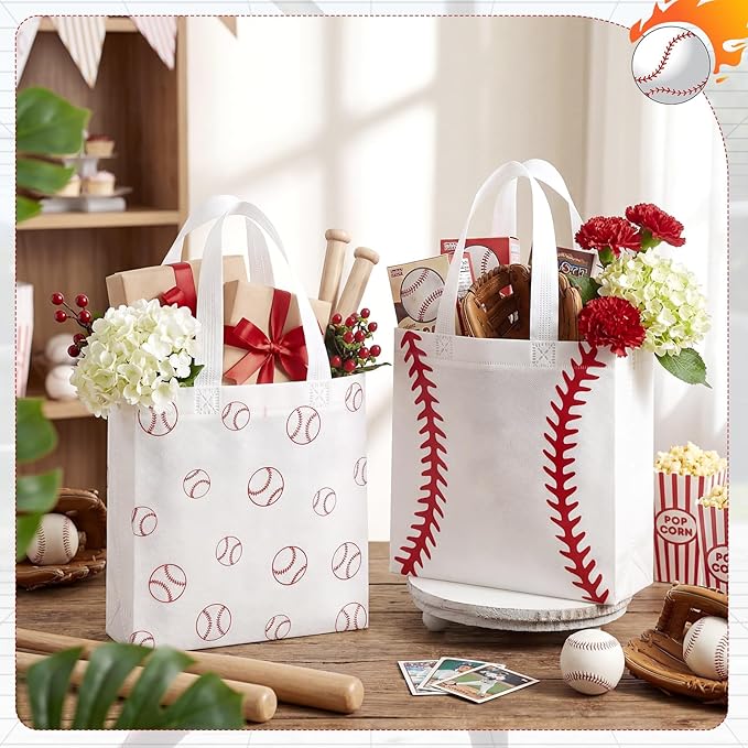Sweetude 24 Pcs Baseball Gifts Bags Non-woven Sport Party Favor Bags with Handles 8.7 x 8.7 Inches Ball Themed Goodies Candy Treat Packing for Sports Birthday Baby Shower Party Supplies
