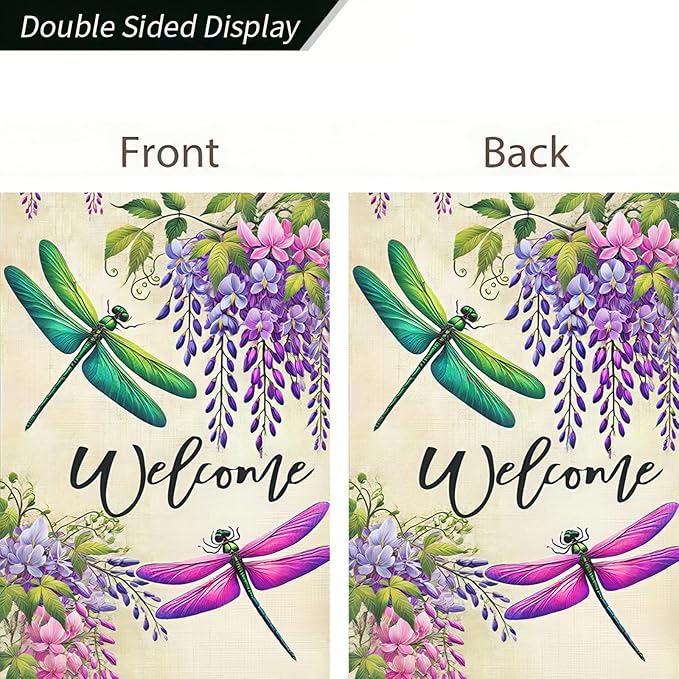 BlissYard Welcome Dragonfly Garden Flag 12x18 Inch Double Sided Summer Spring Flower Garden Flag Small Yard Flags Farmhouse Wedding Yard Flying Dragonfly Grass Decorative Garden Flags Banner