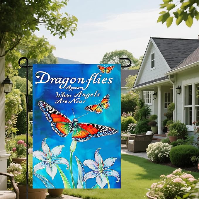 IVN Dragonfly Butterfly Garden Flag 12x18 Inch Double Sided Blue Flower Outdoor Yard Flag for Home Front Door Lawn Porch Summer Decor