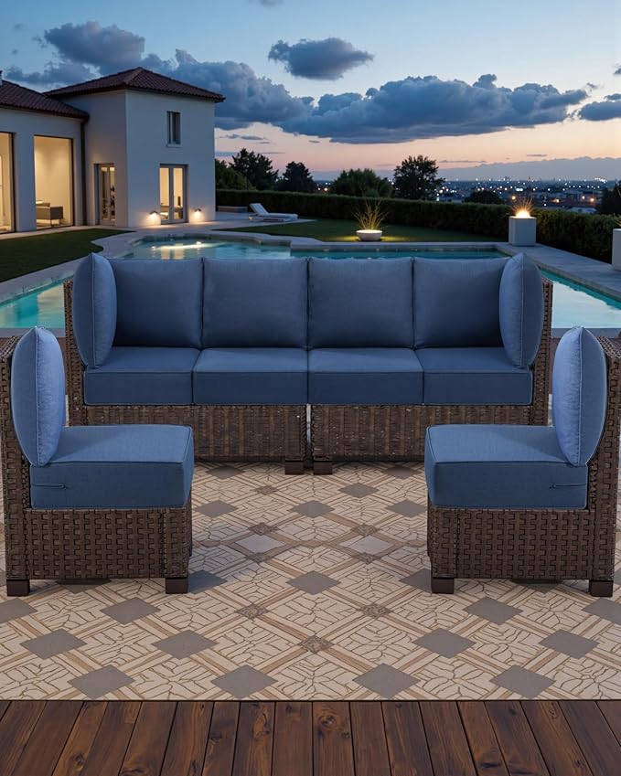 Luxury 24x24x6 Outdoor Seat Cushions for 6-Seat Sectional Sofa Set of 6 - Water-Repellent 14-Piece Patio Cushion Set for Outside Wicker Loveseat Chair L-Shape Couch - Navy Blue/Classic