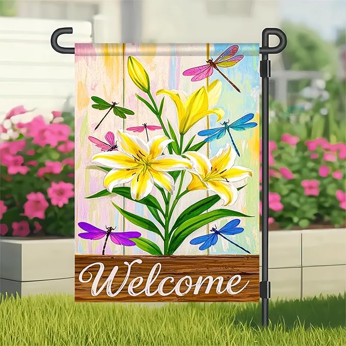 BlissYard Welcome Garden Flag 12x18 Double Sided Small Flags with Yellow Lilies Dragonflies for Spring Summer Garden Flags Outside Outdoor Holiday Seasonal Decor Yard Flags Yard Patio Lawn Decoration