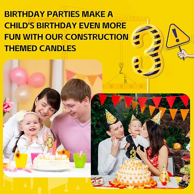 Construction Number 3 Candle, Number 3, Modern, Yellow+Black, Uniscented, Long Burning, Odorless, Indoor, All Season, Construction Themed Birthday Candle