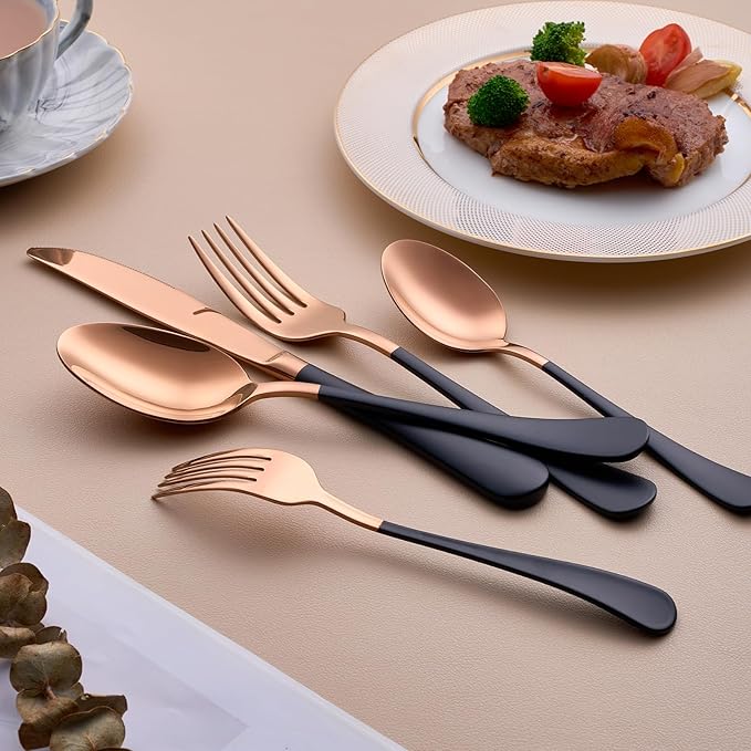 20-Piece Rose Gold and Black Silverware Set for 4 - 18/0 Stainless Steel Flatware Cutlery Utensils, Include Dinner Knives, Forks, Spoons, Salad Forks, Teaspoons, Dishwasher Safe
