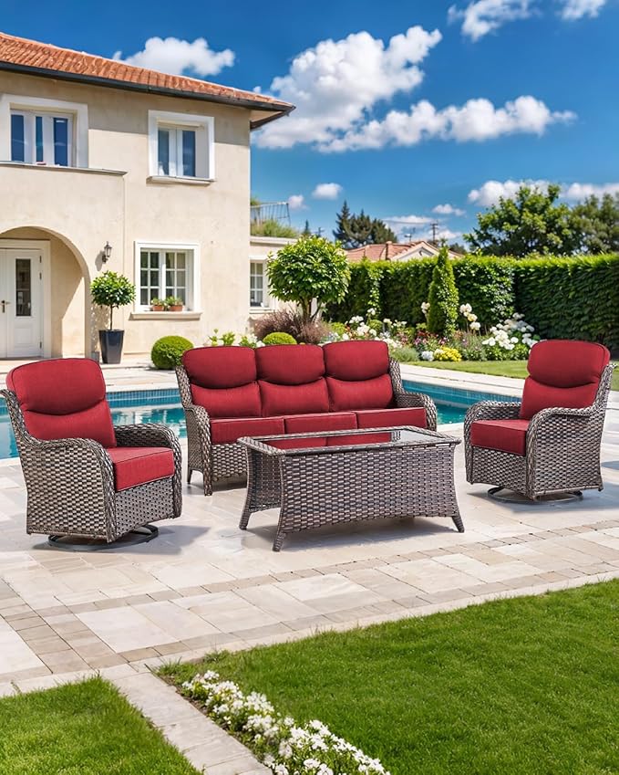 Luxury 22x24/22x25 6-Inch Smile Outdoor Cushions for Patio 5 Piece Set - Set of 5 Zippered Outside Pillows for Wicker Metal Dining Rocking Swivel Chairs Loveseat Couch Sectional Sofa - Red