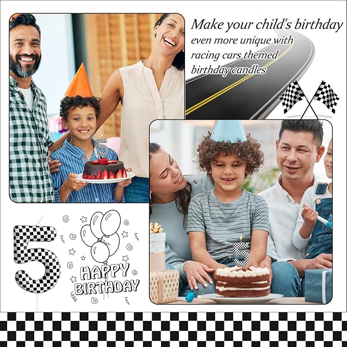 Racing Cars Themed Birthday Candle Number 5 Checkered Candle Birthday Party Decoration Cake Topper for Racing Car Party Decoration Theme Party Supplies (Number 5)