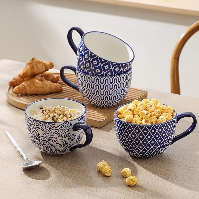 Selamica Coffee Mugs Set of 4, 24 OZ Jumbo Soup Mugs with Handles, Ceramic Coffee Cups for Cereal Latte Tea Milk Cappuccino, Dishwasher & Microwave Safe, Vintage Blue