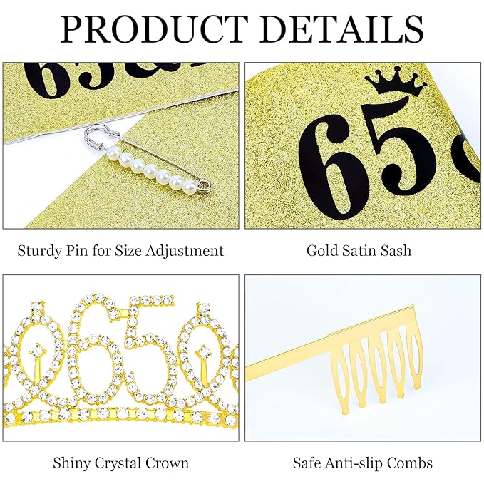 Casoty Gold 65th Birthday Sash and Tiara, 65th Birthday Decorations for Women, 65 & FABULOUS Sash and Crown, Party Supplies Favors for Women Gifts for Her