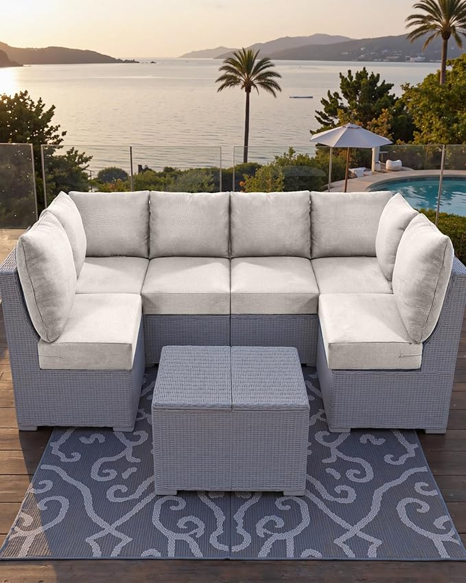 Luxury 24x24x6 Patio Cushions for Outdoor Furniture Set of 2 - Water-Repellent 6-Piece Cushion Set for Outside Wicker Couch Loveseat Chair Sectional Patio Conversation Sets - Beige/Classic