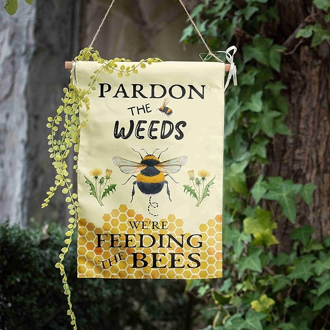 Summer Bee Garden Flag Pardon the Weeds We are Feeding the Bees Yard Sign Outdoor Decor No Mow Spring Flags for Outside 12x18 Double Sided