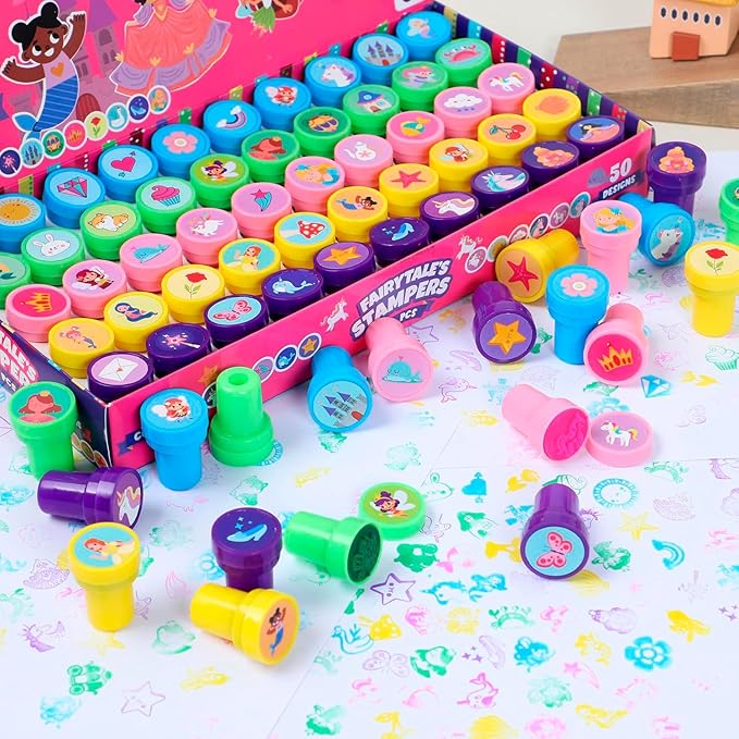 JOYIN 50 Pcs FairyTale's Themed Stamps for Kids - Self-Ink Stamps with 50 Designs for Birthday Party Favor, Carnival Prizes, Goodie Bag, Halloween, Christmas (Mermaid, Princess, Unicorn Stampers)