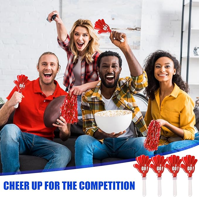 Hungdao 60 Pcs Noise Makers Homecoming Football Favors Include 24 Thunder Sticks Cheer Sticks 12 Hand Clapper 24 Cheerleading Pom Poms for Sporting Events Pep Rally Supplies(Red)