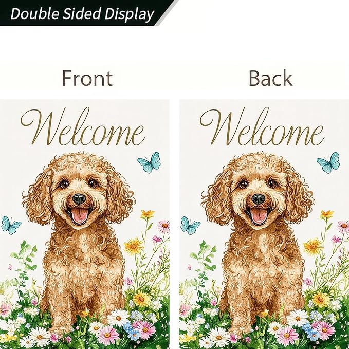 HOMETITUTE Welcome Spring Summer Dog Garden Flag Double Sided 12 x 18 Inch Wildflowers Butterflies Poodl Dog Yard Small Flag Outside Holiday Seasonal Garden Decor Porch Lawn Outdoor Decorations Banner