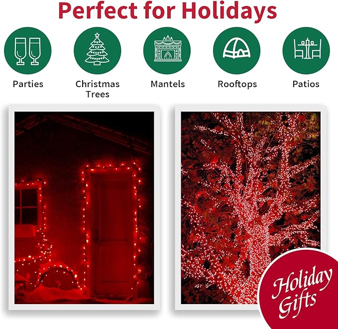 LAMPHOME Red Wide Angle LED Christmas Lights, 64.8 Ft 300 Count, Pack of 3 Strands 21.9 Ft 100 Lights UL Certified Commercial Grade Green Wire 5mm Holiday String Light
