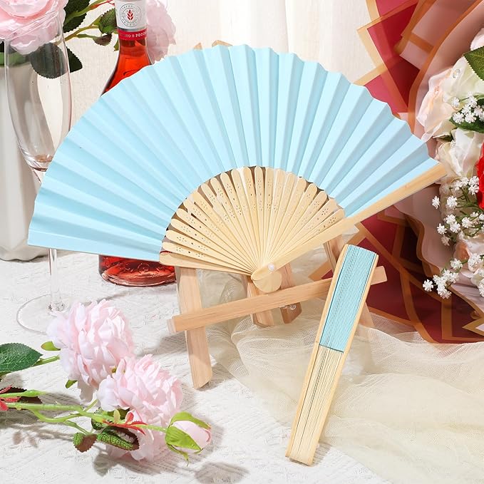 Yinkin 24 Pack Folding Fans Bamboo Handheld Folded Craft Hand Japanese Chinese Fans for Weddings Bridal Dancing Church DIY Decoration Women Gift Party Favors (Light Blue)