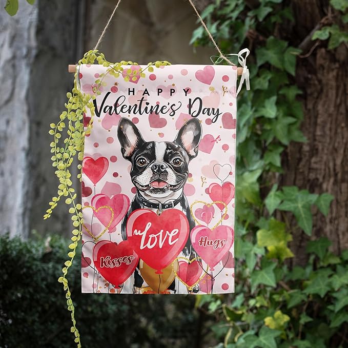 Boston Terrier Valentine Garden Flag Valentines Day Flags for Outside 12x18 Double Sided Small Yard Flags Dog Valentine's Day Decor Outdoor Lawn Valentines Banners Front Porch