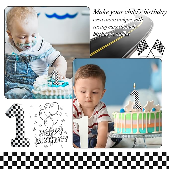 Racing Cars Themed Birthday Candle Number 1 Checkered Candle Birthday Party Decoration Cake Topper for Racing Car Party Decoration Theme Party Supplies (Number 1)