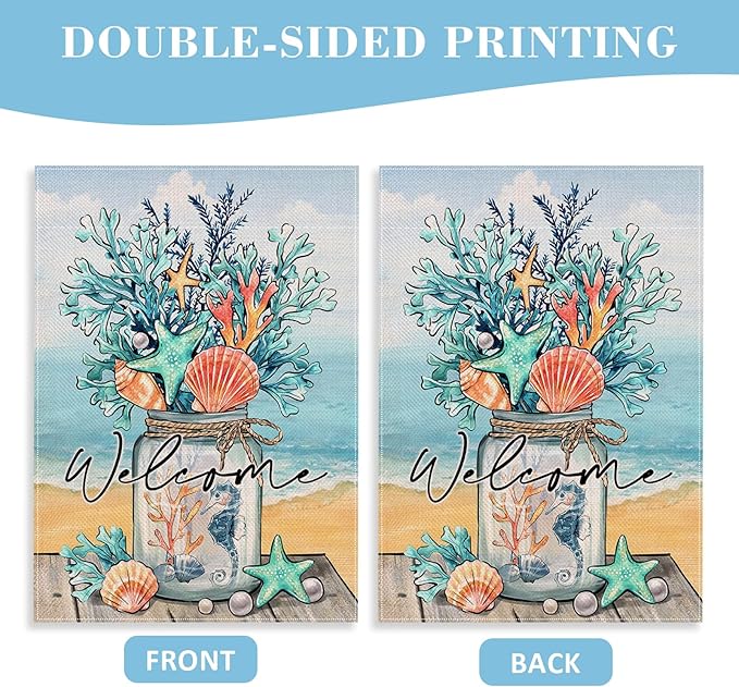 Covido Welcome Summer Mason Jar Decorative House Flag, Beach Coastal Coral Starfish Shell Sea Horse Garden Yard Outside Decorations, Nautical Seasonal Outdoor Large Home Decor Double Sided 28 x 40