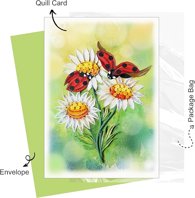 Mother's Day Card, White Daisy and Ladybug Greeting Card, Animals Quilled Quilling Birth Month Flower Born in April, for Mom, Grandma, Daughter (White Daisy and Ladybug)
