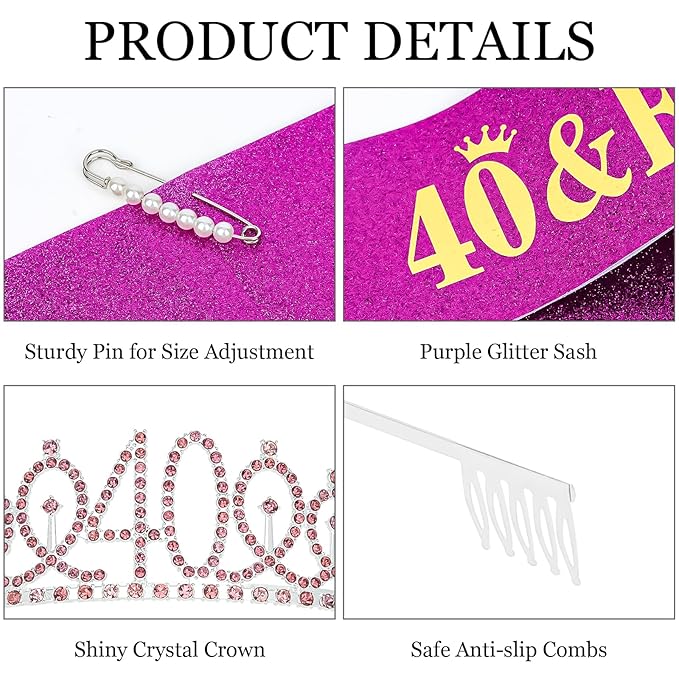 Casoty 40th Birthday Sash and Tiara, 40th Birthday Decorations for Women, 40 & Fabulous Sash and Crown Set, Party Supplies for Women, Gifts for Her