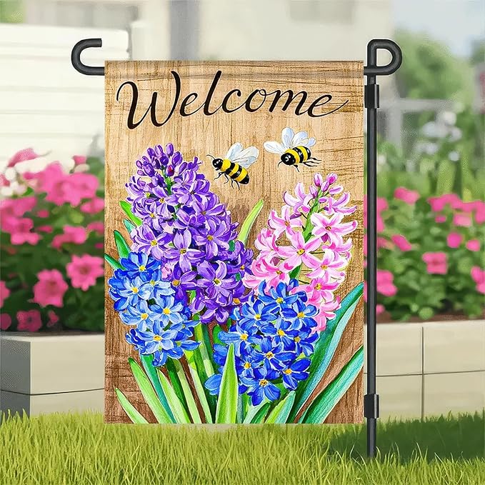 BlissYard Welcome Garden Flag 12x18 Inches Double Sided Small Flags with Hyacinths and Bees Design for Spring Summer Garden Flags Decoration Outside Outdoor Holiday Seasonal Decor Yard Flags