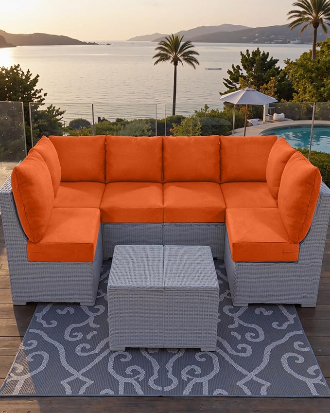 Luxury 24x24x6 Patio Cushions for Outdoor Furniture Set of 2 - Water-Repellent 6-Piece Cushion Set for Outside Wicker Couch Loveseat Chair Sectional Patio Conversation Sets - Orange/Classic