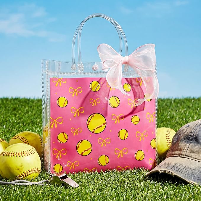 Sweetude 24 Pcs Cute Softball Clear Treat Bags with Handles Bulk Cute Softball Goodie Bags Sport Theme Party Gift Favor with Pink Bow Ribbon for Girl Youth Team Snack Birthday Gifts 7.9 x 7.9 Inch