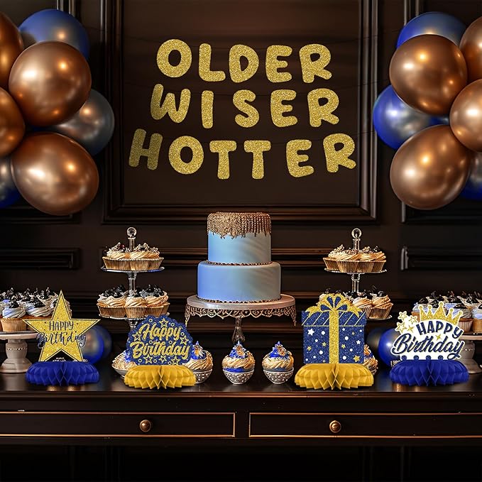 Blue and Gold Birthday Decorations – 12Pcs Honeycomb Table Centerpieces, Elegant Party Table Toppers for Adults, Stylish Blue Gold Birthday Decor