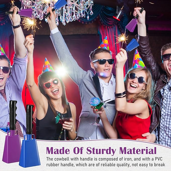 Pelopy 12 Pcs Large Cow Bell 9 '' Cowbell with Handle Cowbells for Sporting Events Hand Percussion Cheering Bell Chimes for Football Game, Alarm Loud Noise Makers, Musical Instrument(Purple, Blue)