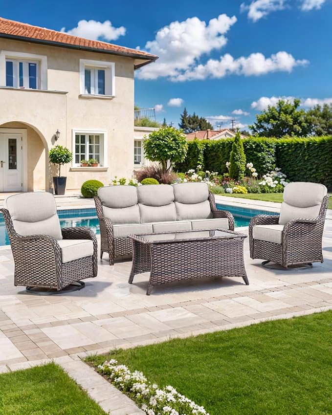 Luxury 22x24/22x25 6-Inch Smile Patio Dining Chair Cushions Set of 4 - Heavy Duty Water Slashproof Outdoor Seat Cushion for Outside Furniture Set Swivel Chairs Loveseat L-Shape Sofa - Beige