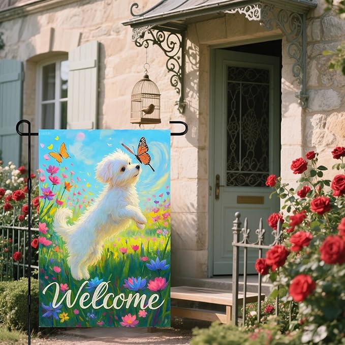 IVN Welcome Puppy Garden Flag 12x18 Inch Double Sided Dog Butterfly Flower Outdoor Yard Flag for Home Front Door Lawn Porch Summer Decor