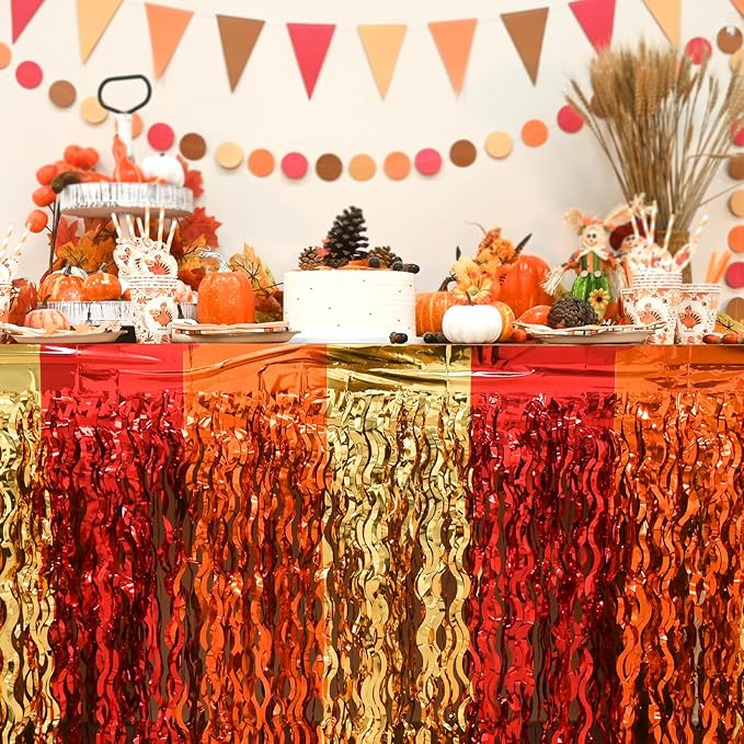 Mega-L Fall Party Decorations, 2 Pack Red Orange Gold Wavy Metallic Tinsel Foil Fringe Table Skirts for Rectangle and Round Table, Thanksgiving Decor for Friendsgiving Fall Harvest Autumn Party