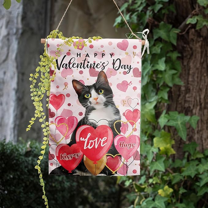 Tuxedo Cat Valentine Garden Flag Valentines Day Flags for Outside 12x18 Double Sided Small Yard Flags Cat Valentine's Day Decor Outdoor Lawn Valentines Banners Front Porch