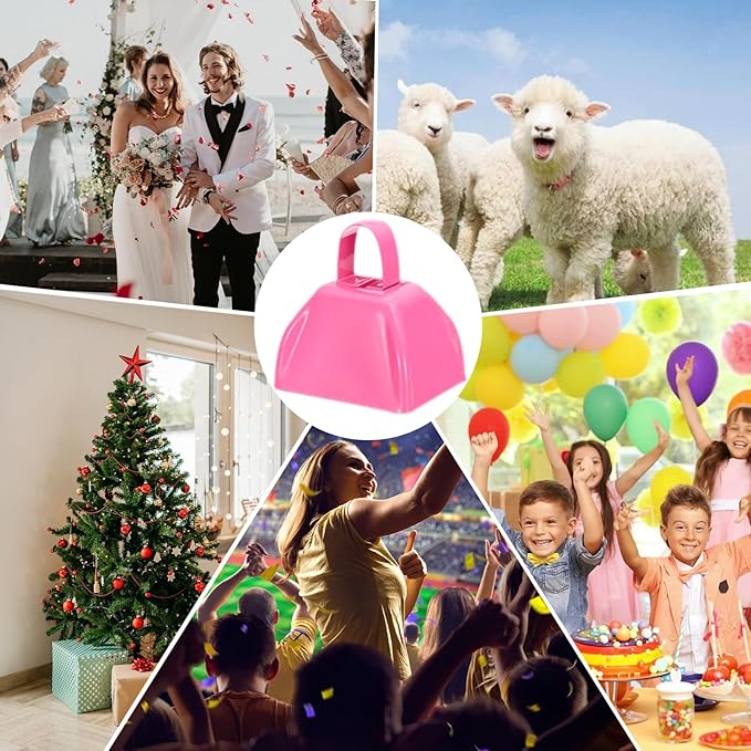 3Inch Cowbells for Sporting Events,12Pcs Metal Cow Bells Bulk Loud Noise Makers Cow Bell with Handle for Cheering Football Games Spirit Marathon Weddings Party Noisemakers, Pink