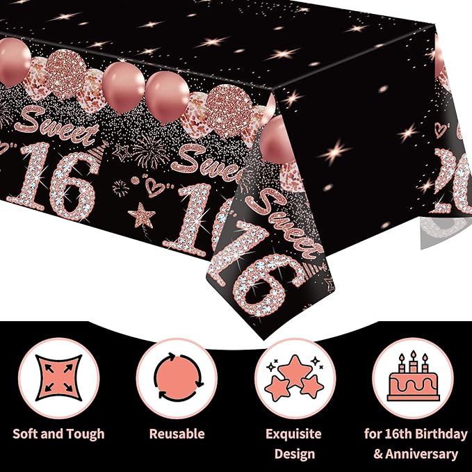 2pcs 16th Birthday Tablecloth, Black Rose Gold 16th Birthday Decorations for Girls Vintage 2010 Table Cloth Plastic Rectangular Table Cover Sweet 16 Anniversary Party Supplies
