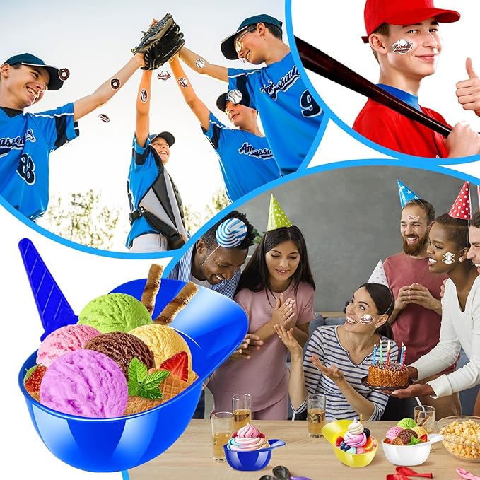 MEEZY 16 Set Baseball Helmet Ice Cream Bowls with 8 Mini Dessert Cups and 8 Spoons, 8oz Reusable Baseball Cap Snack Dessert Cup Bowls Baseball Party Favors for Kids Sports Birthday Party Supplies