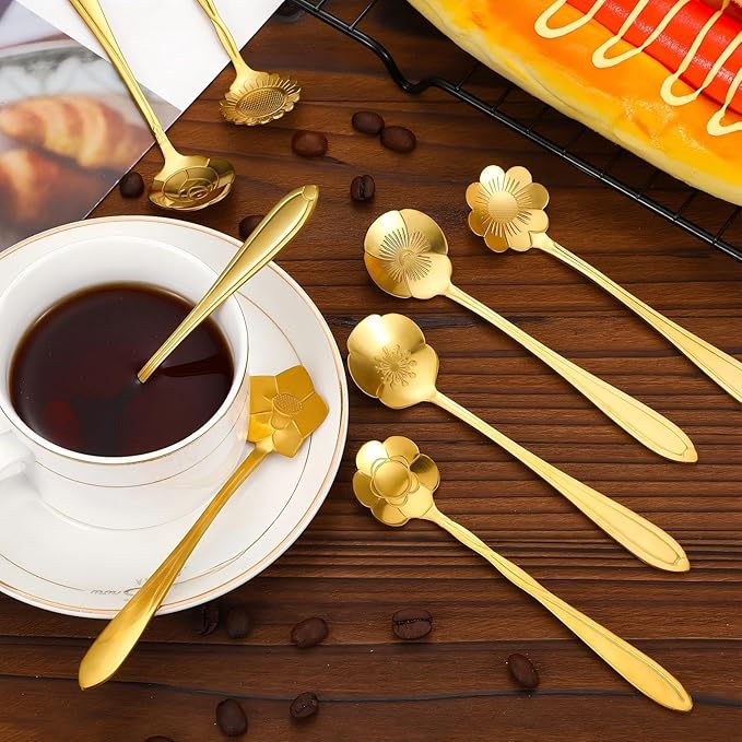 Eboot 40 Pcs Gold Flower Teaspoon Stainless Steel Tea Party Spoons Mini Cute Teaspoon for Stirring Coffee Sugar Drink Demitasse Kitchen Bar Tableware Party Favors Decorations