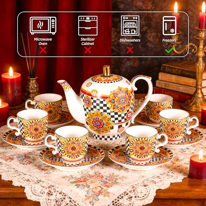 KAMMAK Tea Set for Adults Ceramic Tea Pots and Tea Cup Set, Colorful Tea Cups and Saucers Set for Afternoon Tea, Party, Home, Office, Mordern Porcelain Tea Set with Gold Rim(Chessboard Pattern)