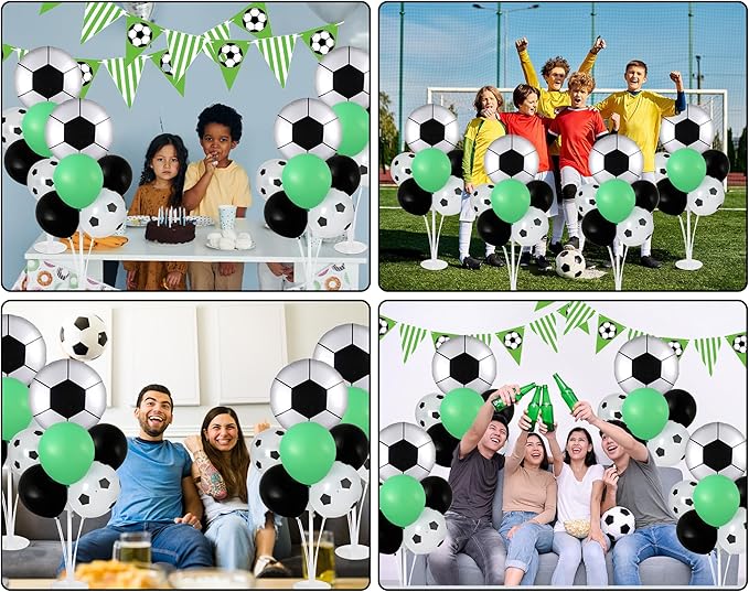 Soccer party Balloons Stand Kit 2 Sets with 2 Soccer Foil Balloons Green White Black Themed Centerpiece for Tables for Men Boys Football Game Sports Birthday Party Decorations