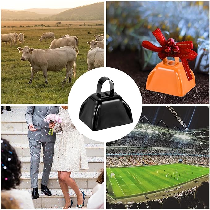 PATIKIL 3inch Cow Bells for Football Games, 12pcs Cowbells for Sporting Events Bulk Loud Noise Makers Metal Cow Bell with Handle for Cheering Competition Marathon Wedding DIY Paint, Black