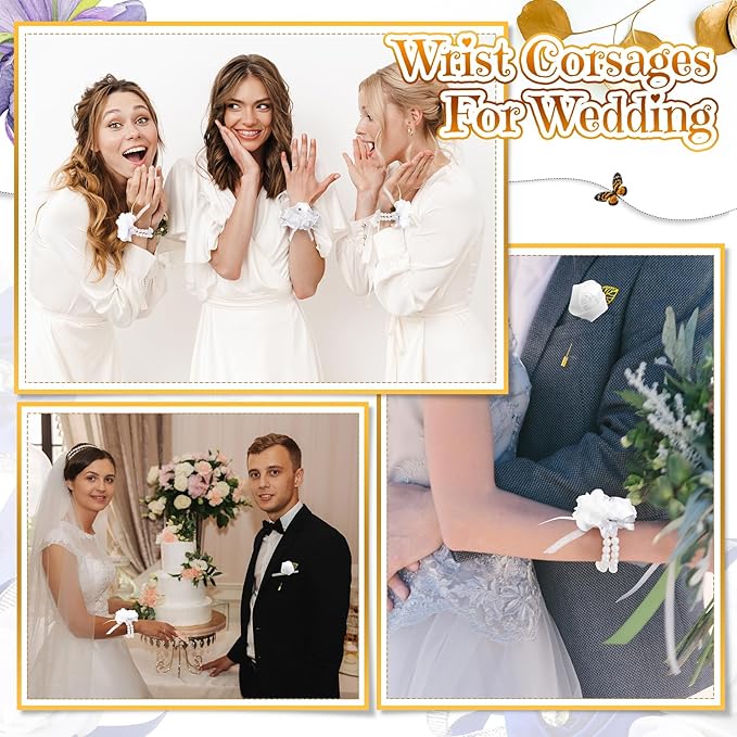 Tigeen 24 Pcs Wrist Corsage and Men's Boutonniere Set for Wedding Wristlet Corsage Hand Flower for Mother of Bride, Bridal, Bridesmaid Suit Decorations (White)