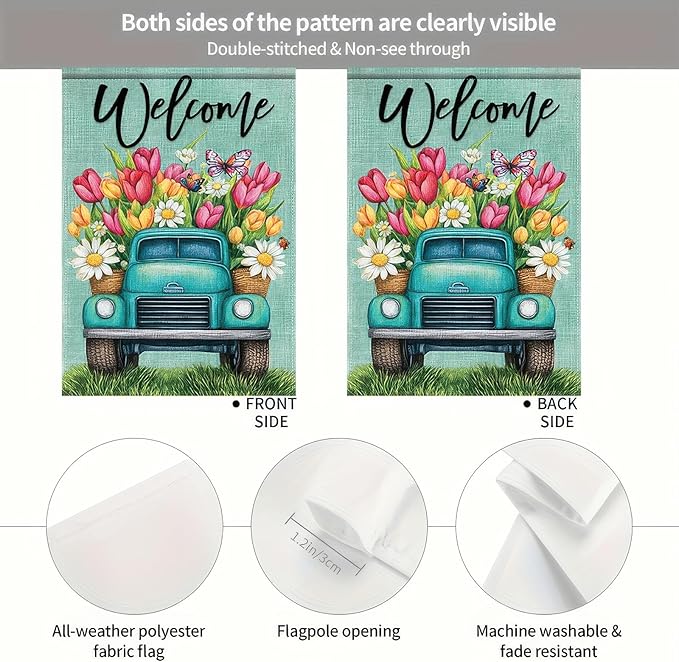 BlissYard 12×18 Inch Double Sided Garden Flag Spring Blue Truck Garden Flags Welcome Garden Flag Seasonal Outdoor Decorative Yard Outdoor Flag Farmhouse Spring Decor