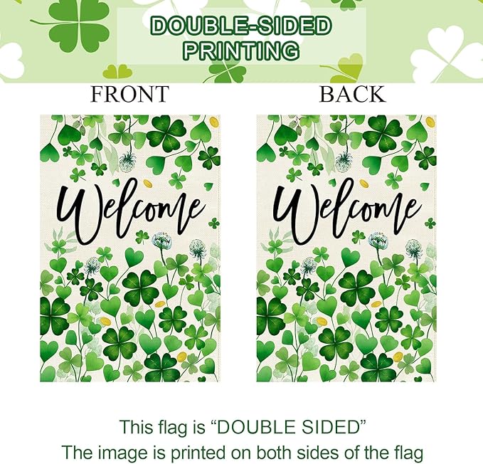 Baccessor St.Patrick's Day Welcome Garden Flag 12.5x18 Inch Double Sided,Green Lucky Shamrock Clover Flag Spring Farmhouse Holiday Yard Lawn Outdoor Outside Decoration