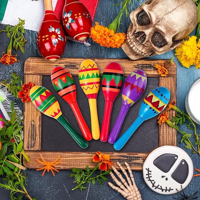 Hungdao 36 Pcs Mini Mexican Fiesta Wooden Maracas Bulk 6 Designs Wooden Maracas Noisemaker for Fiesta Party Favors Cinco De Mayo Party Supplies Decor Taco Tuesday Event Luau Game (Classic Style)