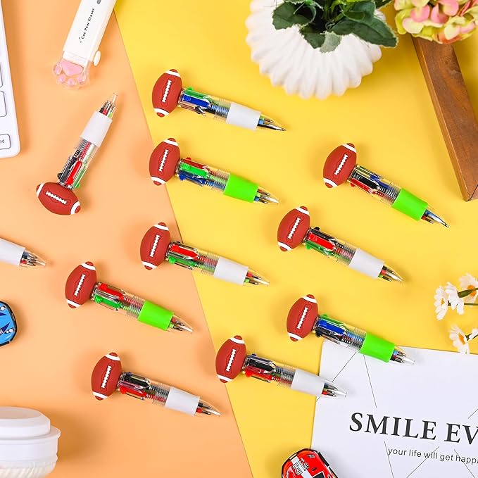 LiYiQ 100 Pcs Football Party Favor Multicolor Pen in One Cartoon Cute Fun 4-in-1 Cute Pens Bulk Kawaii Football Shape Cool Ballpoint Pens for Kids Fun Gifts