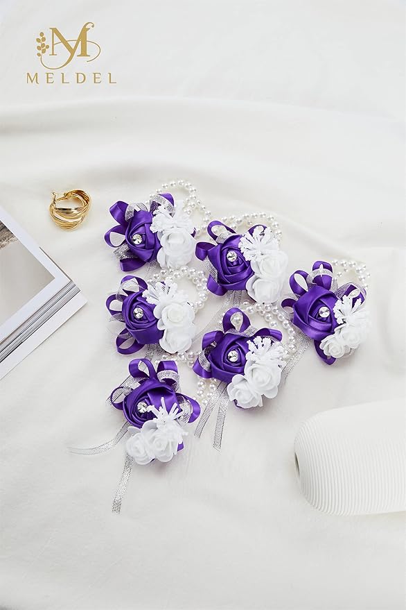 Meldel Purple Wrist Corsage for Prom Wedding Party, Set of 6, Rose Wrist Hand Flower for Bridal Bridesmaid, Prom Corsages Wrist Bride Groom Mother, Corsage Wristlet for Ceremony, Homecoming Corsage