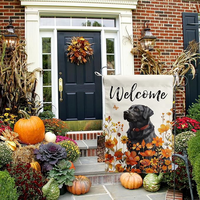Floral Black Lab Garden Flag Fall Yard Flag Wildflower Labrador Dog Garden Flags Orange Autumn Lawn Flags Welcome Thanksgiving Outdoor Flags for Outside 12x18 Double Sided Small